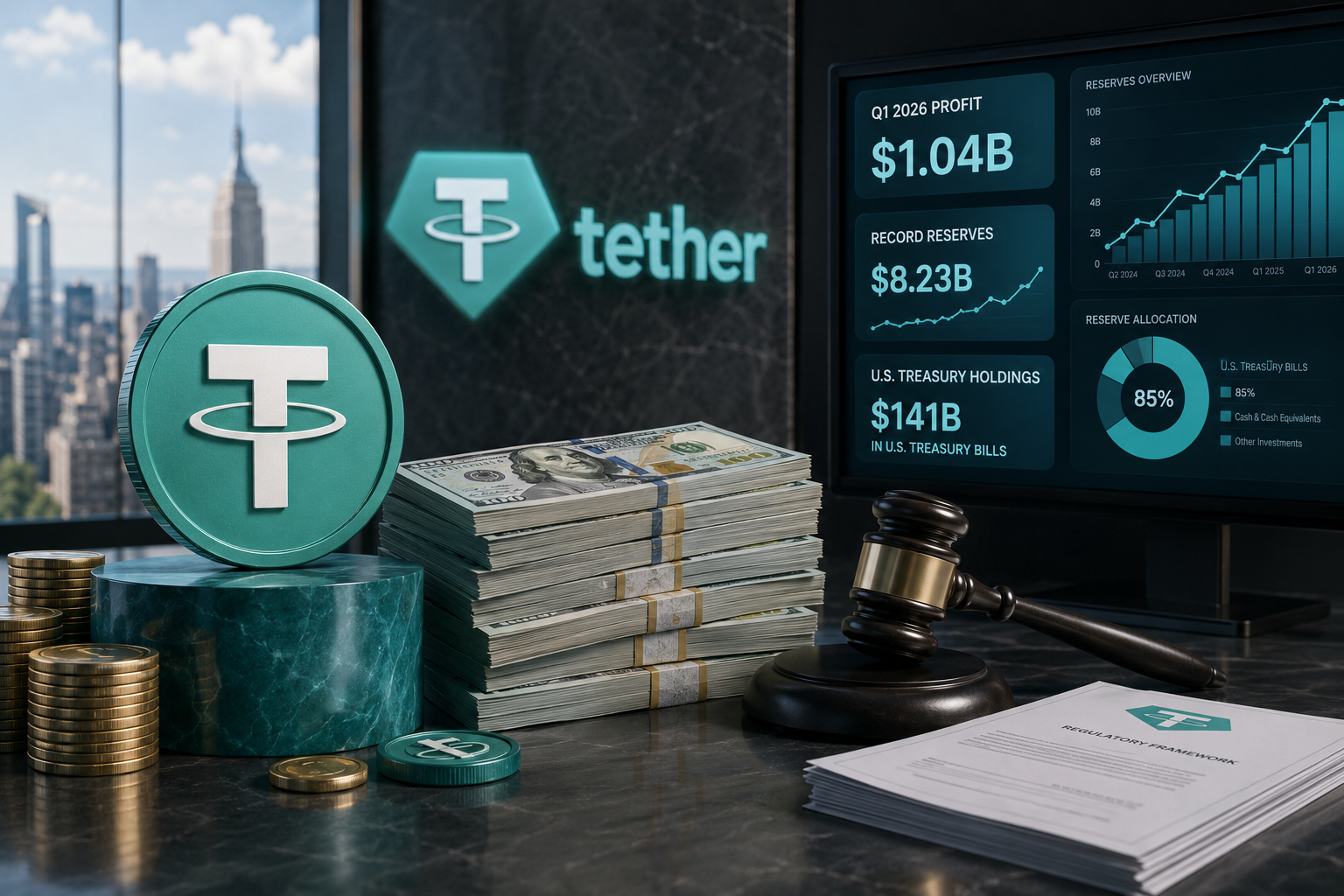 Tether заработала $1.04 млрд в Q1 2026: рекордный резерв $8.23 млрд, $141 млрд в гособлигациях США — и ключевой вопрос регулирования