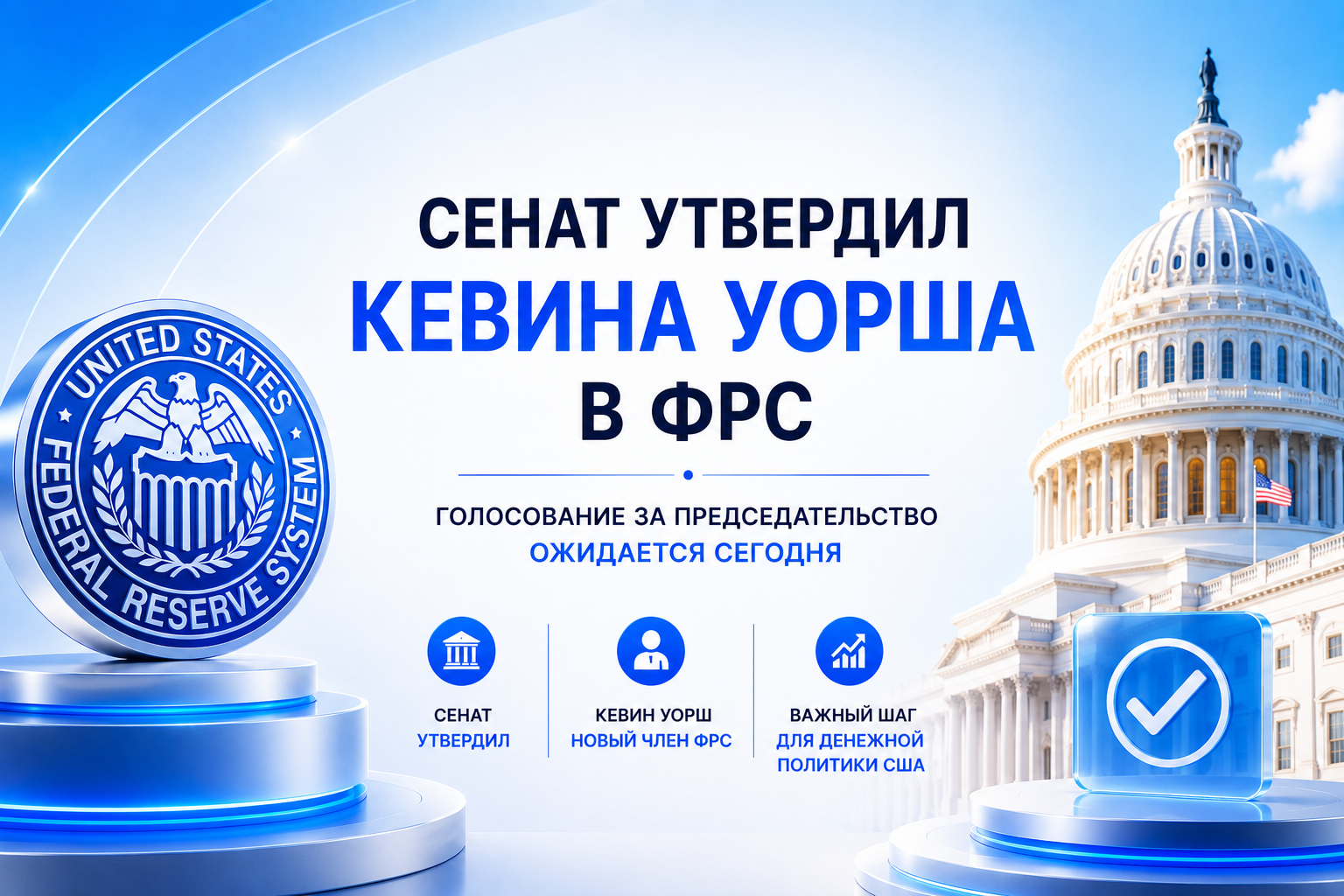 Сенат утвердил Кевина Уорша в ФРС — голосование за председательство ожидается сегодня