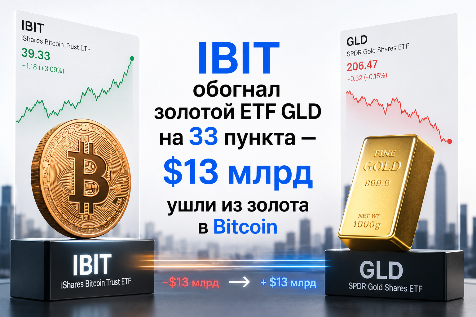 IBIT обогнал золотой ETF GLD на 33 пункта — $13 млрд ушли из золота в Bitcoin