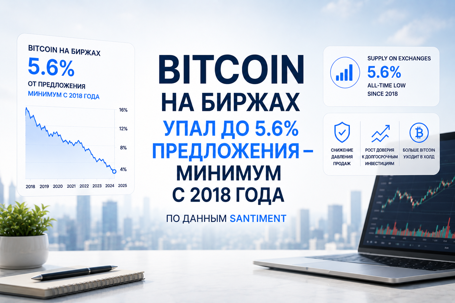 Доля биткоина на биржах упала до 5,6% предложения — минимум с 2018 года — обложка новости Cryptium