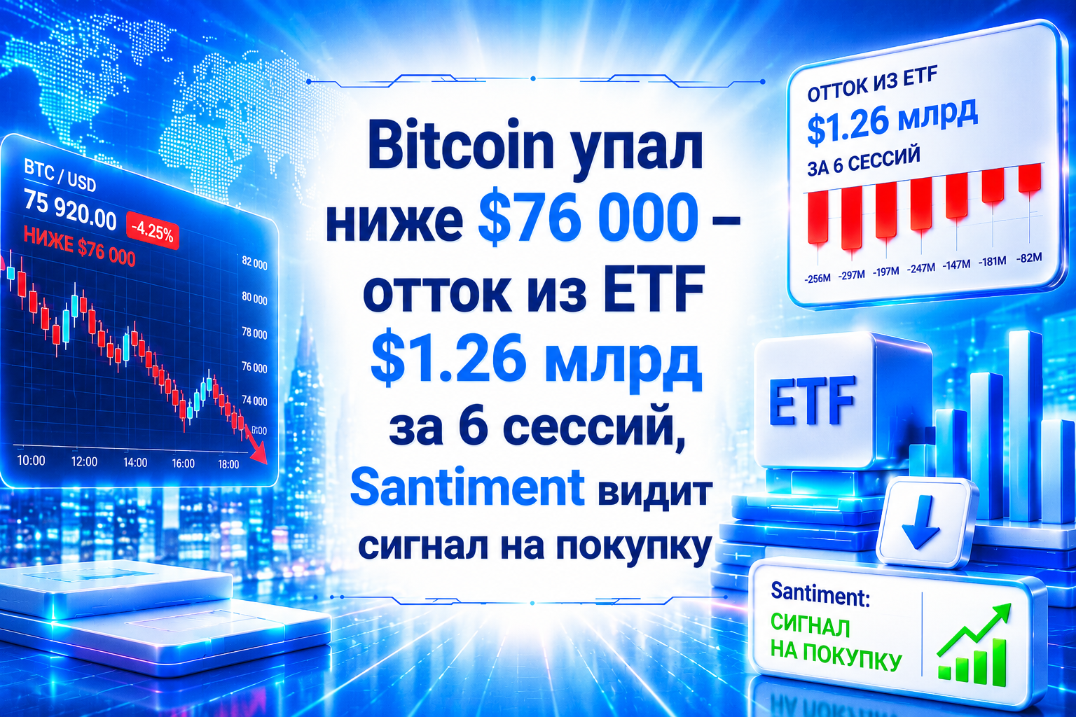 Bitcoin упал ниже $76 000 — отток из ETF $1.26 млрд за 6 сессий, Santiment видит сигнал на покупку