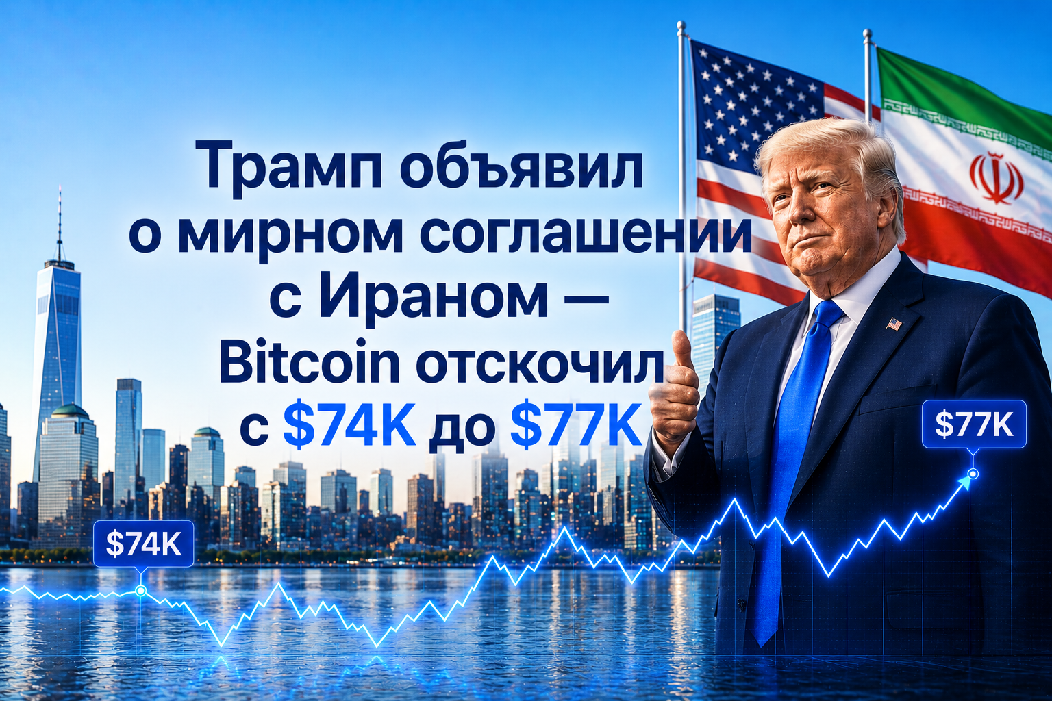 Трамп объявил о мирном соглашении с Ираном — Bitcoin отскочил с $74K до $77K