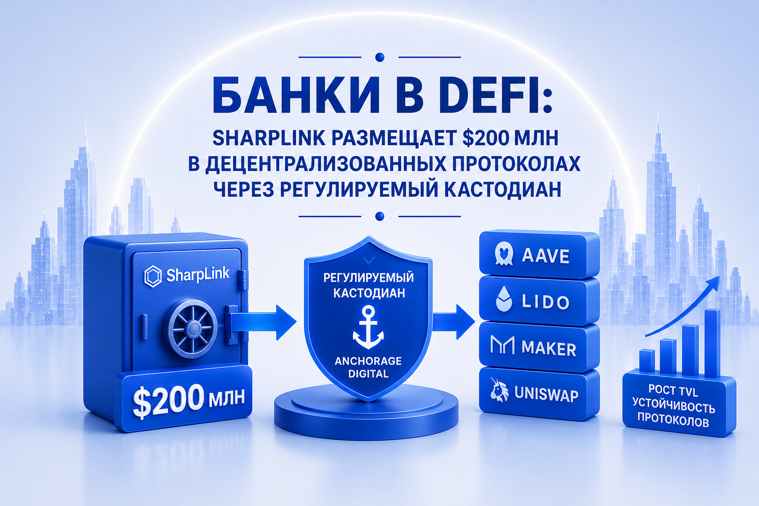 Банки в DeFi: SharpLink размещает $200 млн в децентрализованных протоколах через регулируемый кастодиан