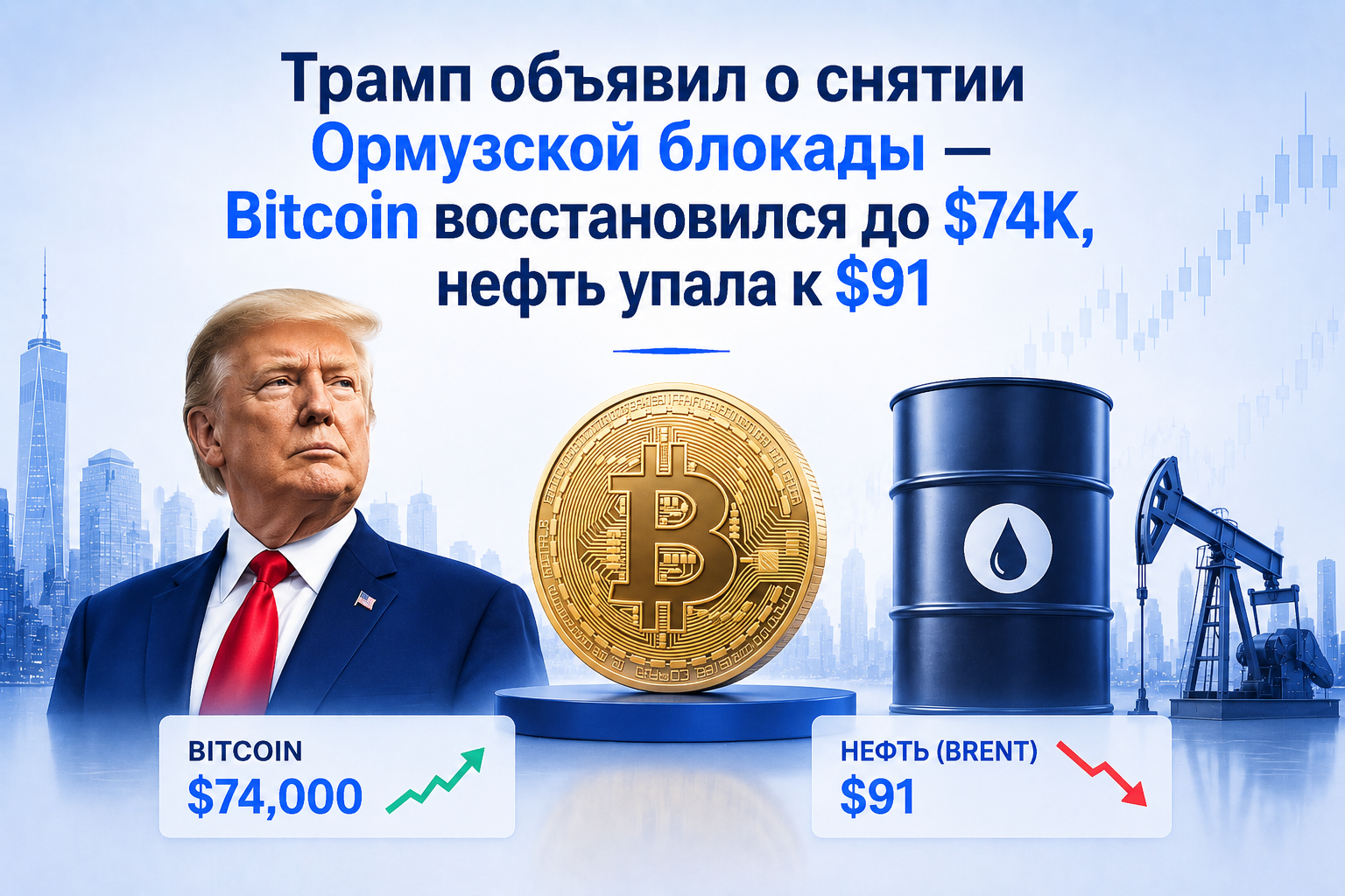 Трамп объявил о снятии Ормузской блокады — Bitcoin восстановился до $74K, нефть упала к $91