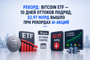 Рекорд: Bitcoin ETF — 10 дней оттоков подряд, $2.97 млрд вышло при рекордах AI-акций