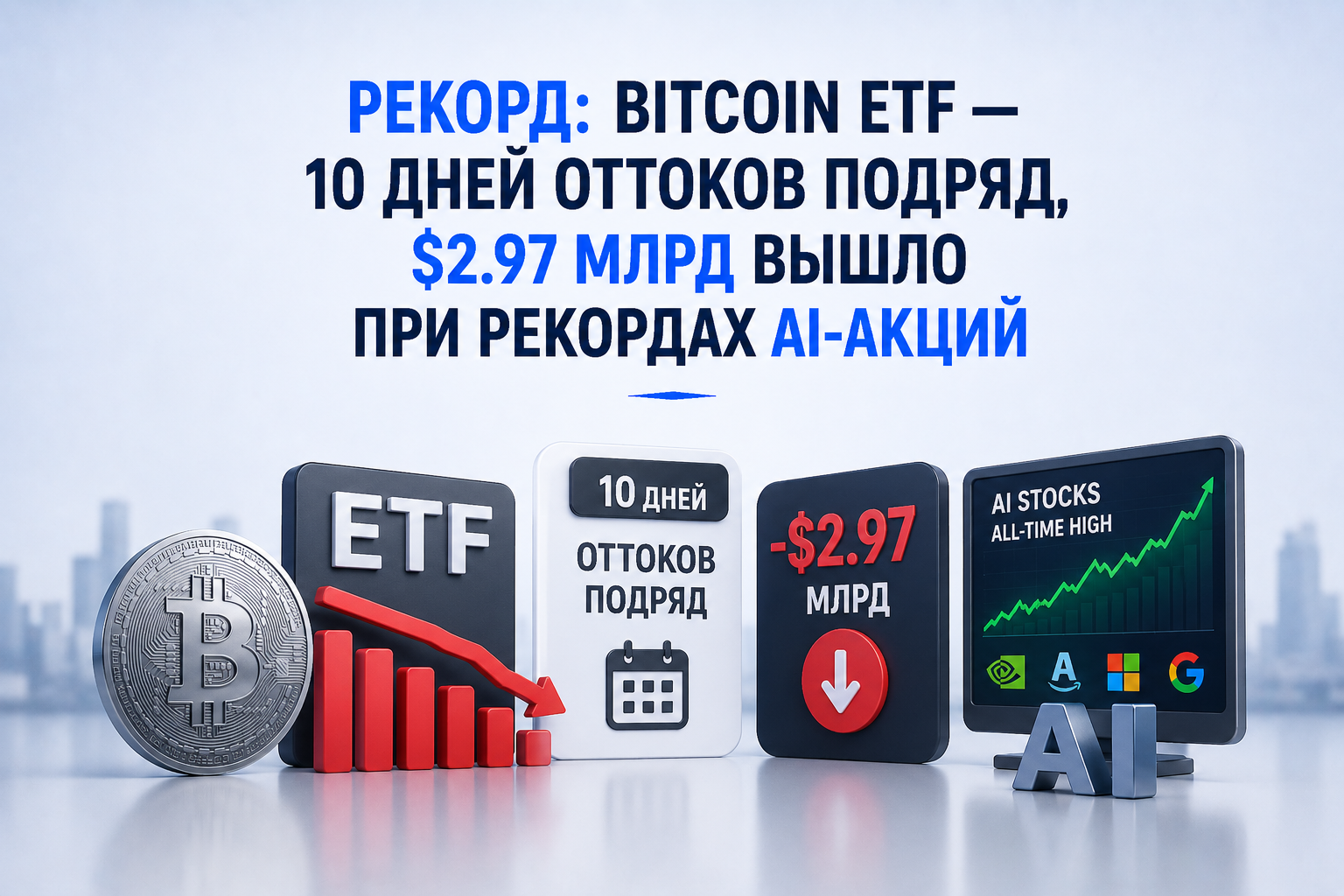 Рекорд: Bitcoin ETF — 10 дней оттоков подряд, $2.97 млрд вышло при рекордах AI-акций