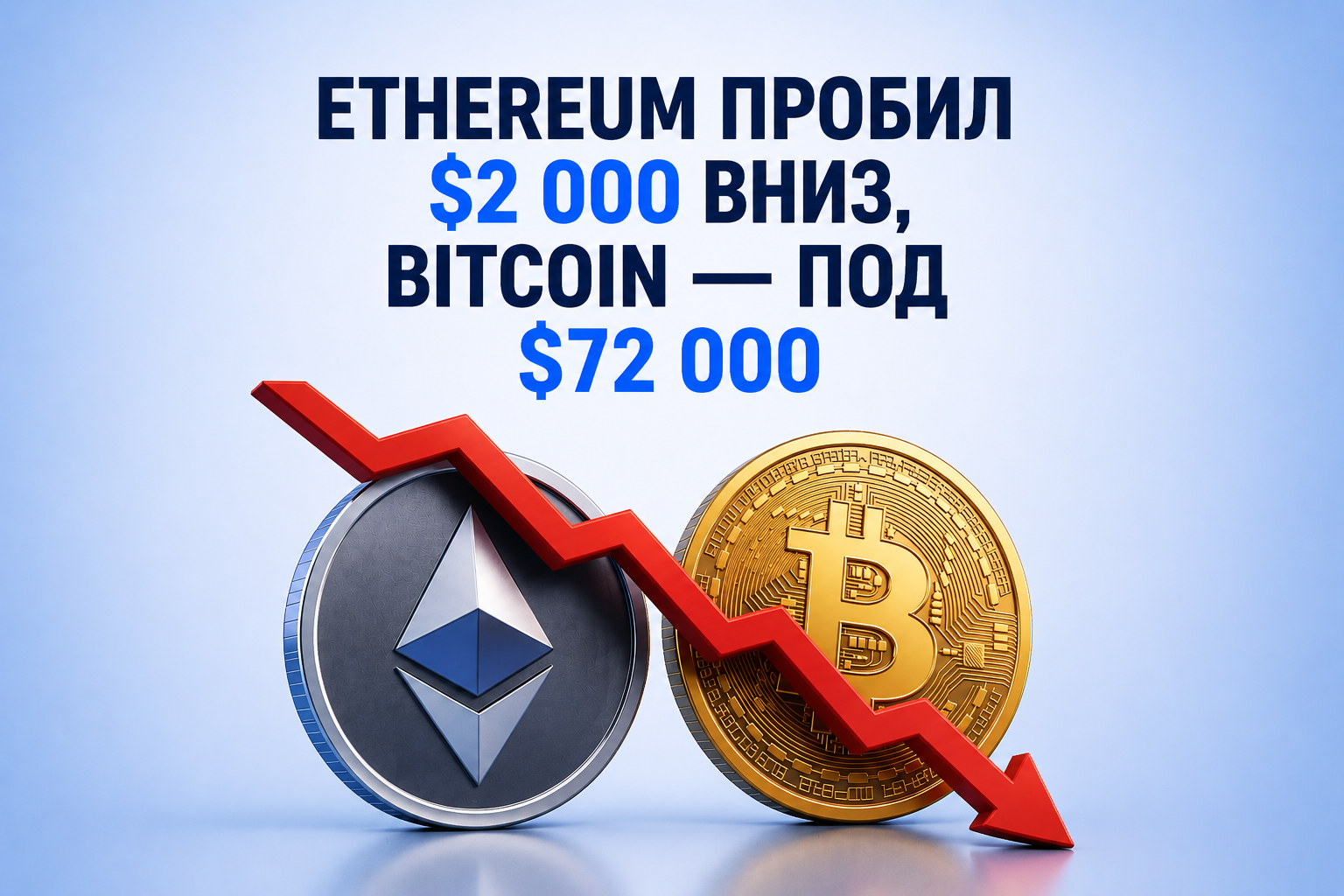 Ethereum пробил $2 000 вниз, Bitcoin — под $72 000: нефть, ETF-оттоки и AI-ралли давят крипту