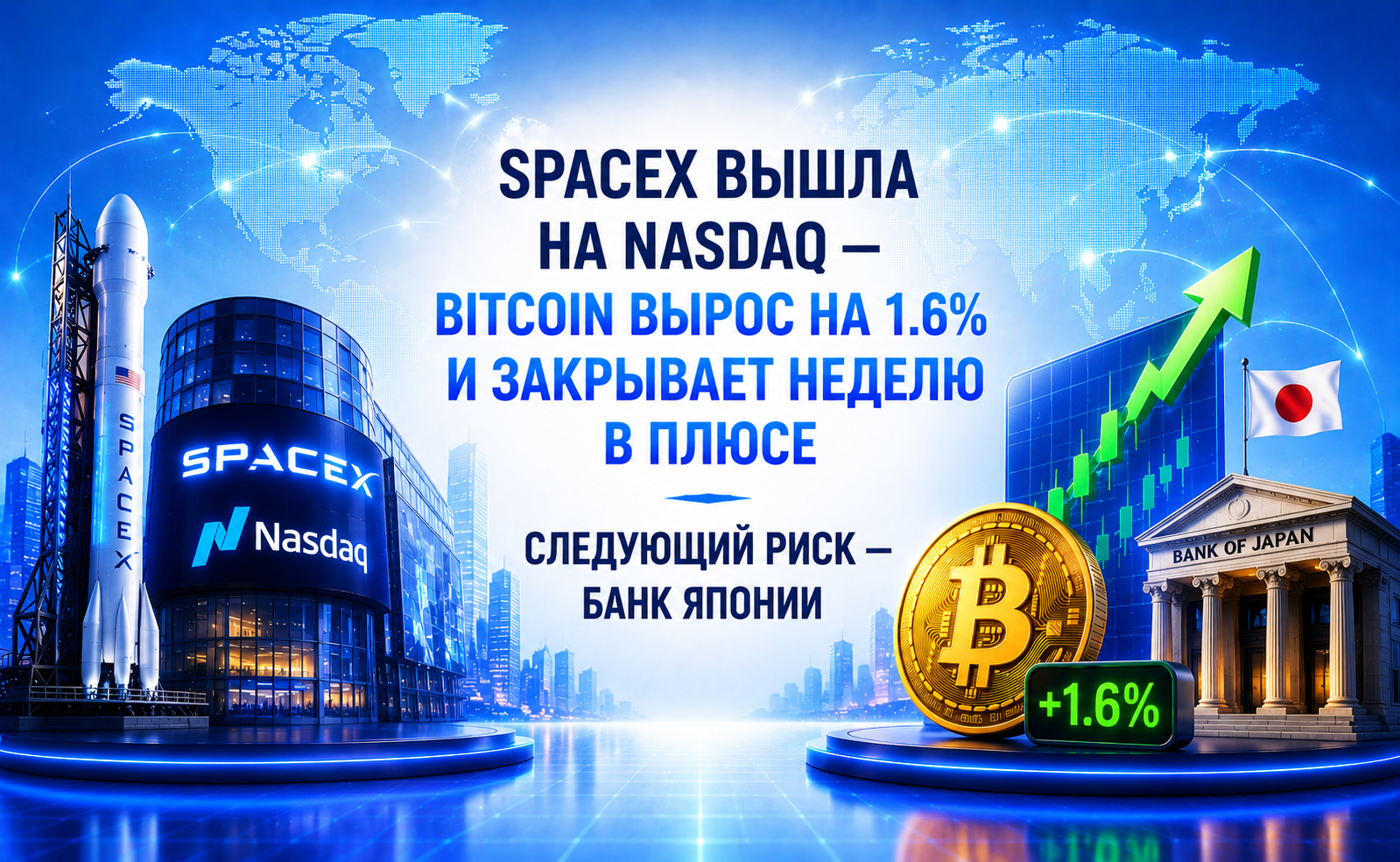 SpaceX вышла на Nasdaq — Bitcoin вырос на 1.6% и закрывает неделю в плюсе. Следующий риск — Банк Японии