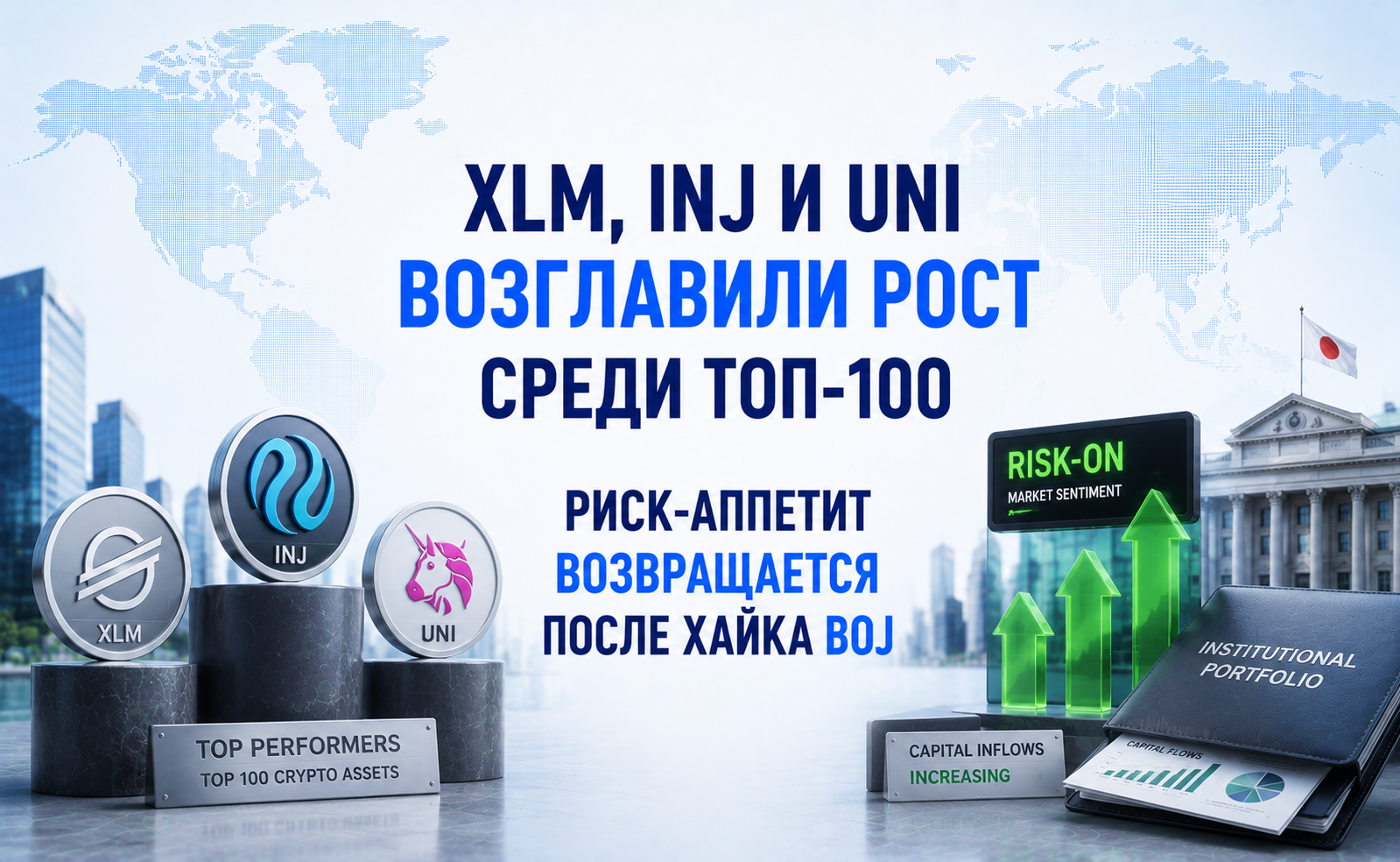 XLM, INJ и UNI возглавили рост среди 100 крупнейших — риск-аппетит возвращается после хайка BOJ