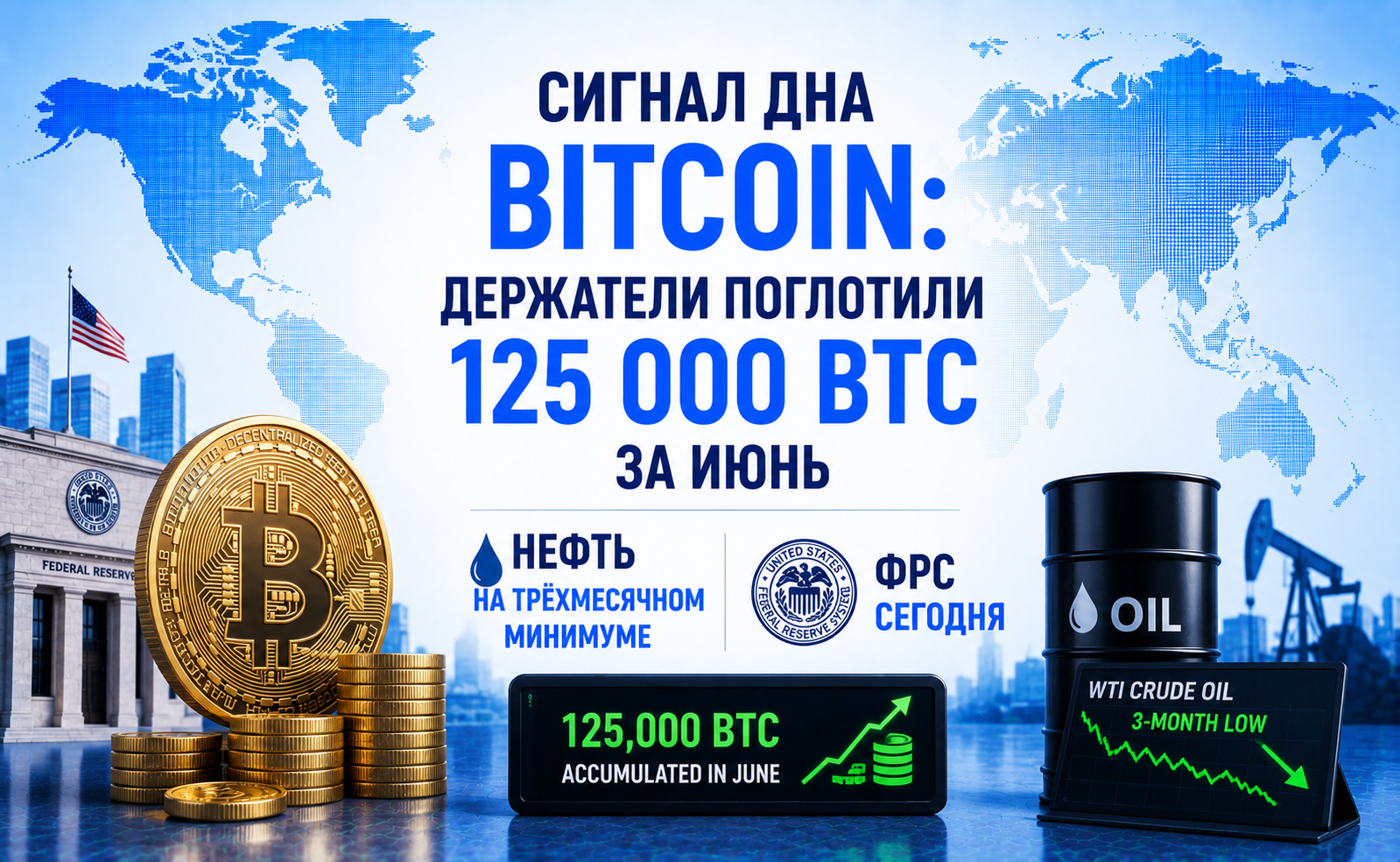 Сигнал дна Bitcoin: держатели поглотили 125 000 BTC за июнь — нефть на трёхмесячном минимуме, ФРС сегодня