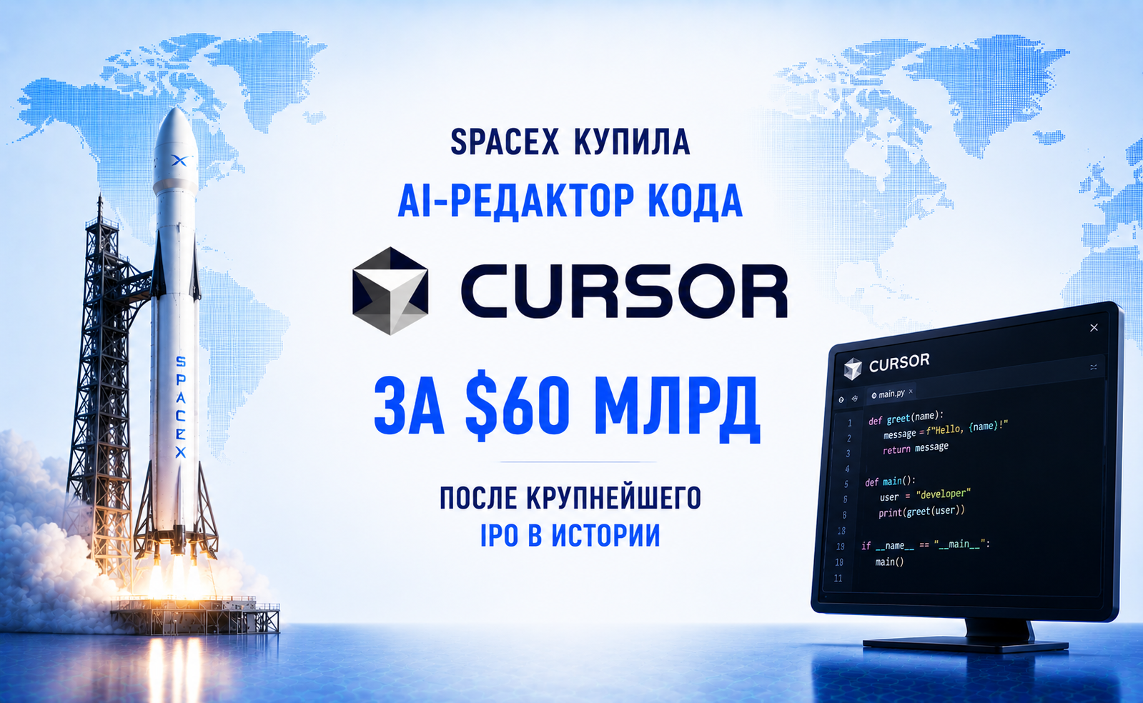 SpaceX купила AI-редактор кода Cursor за $60 млрд — через несколько дней после крупнейшего IPO в истории