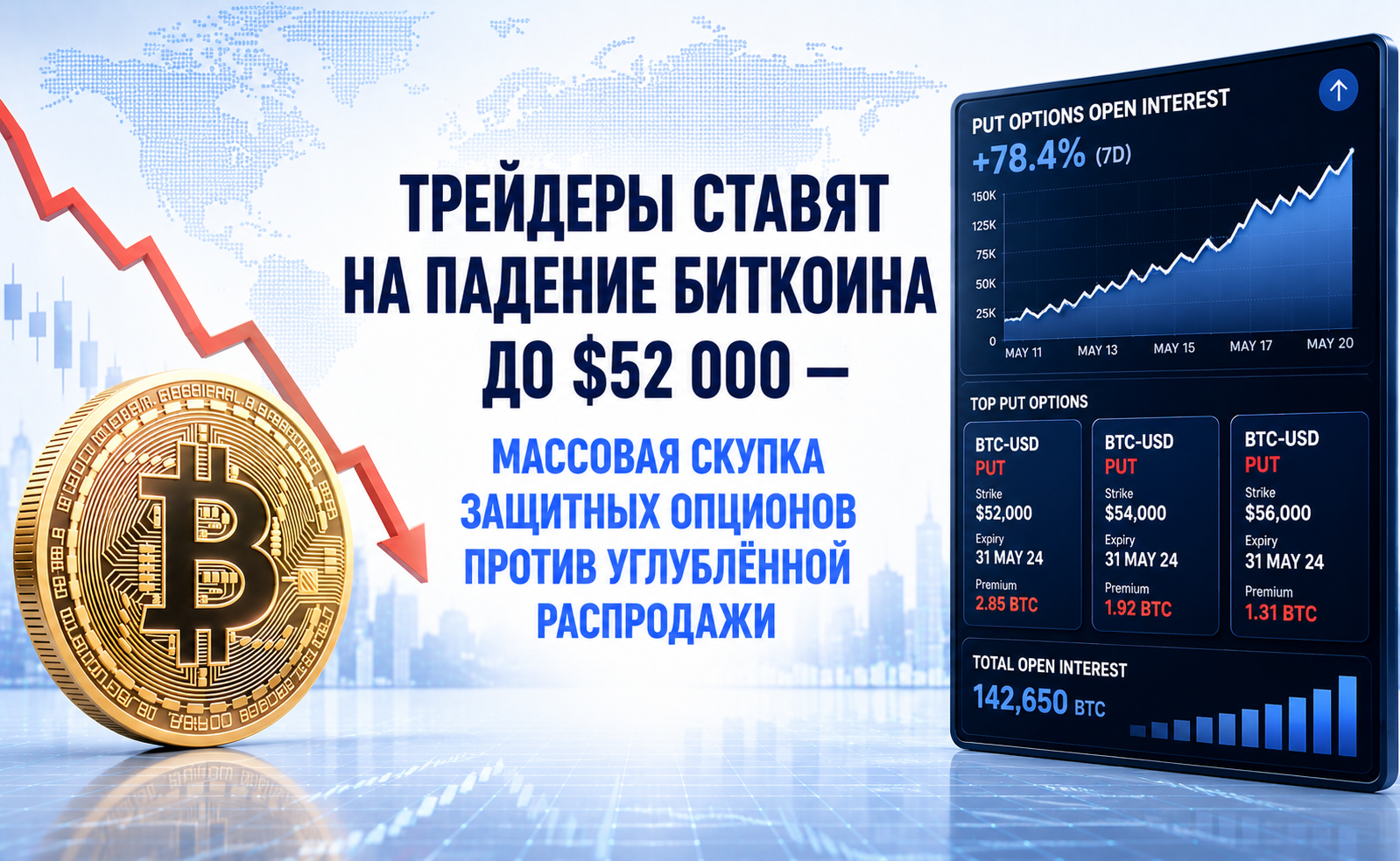 Трейдеры ставят на падение Биткоина до $52 000 — массовая скупка защитных опционов против углублённой распродажи