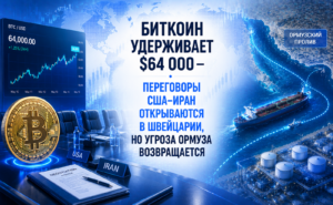 Биткоин удерживает $64 000 — переговоры США–Иран открываются в Швейцарии, но угроза Ормуза возвращается