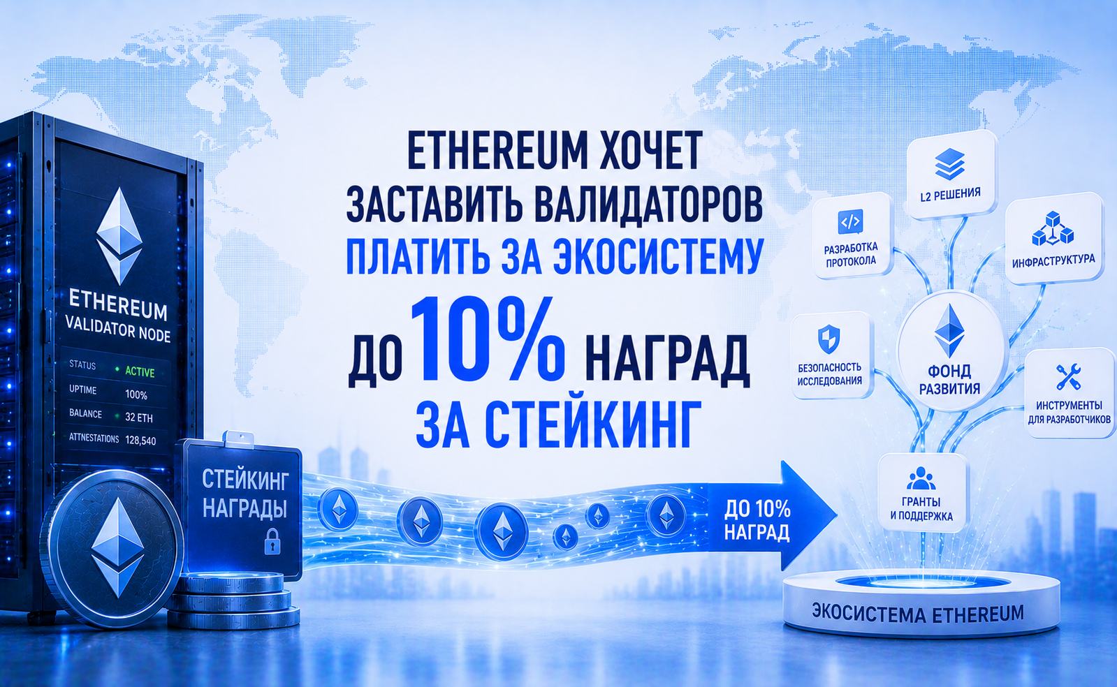 Ethereum хочет заставить валидаторов платить за экосистему — до 10% наград за стейкинг