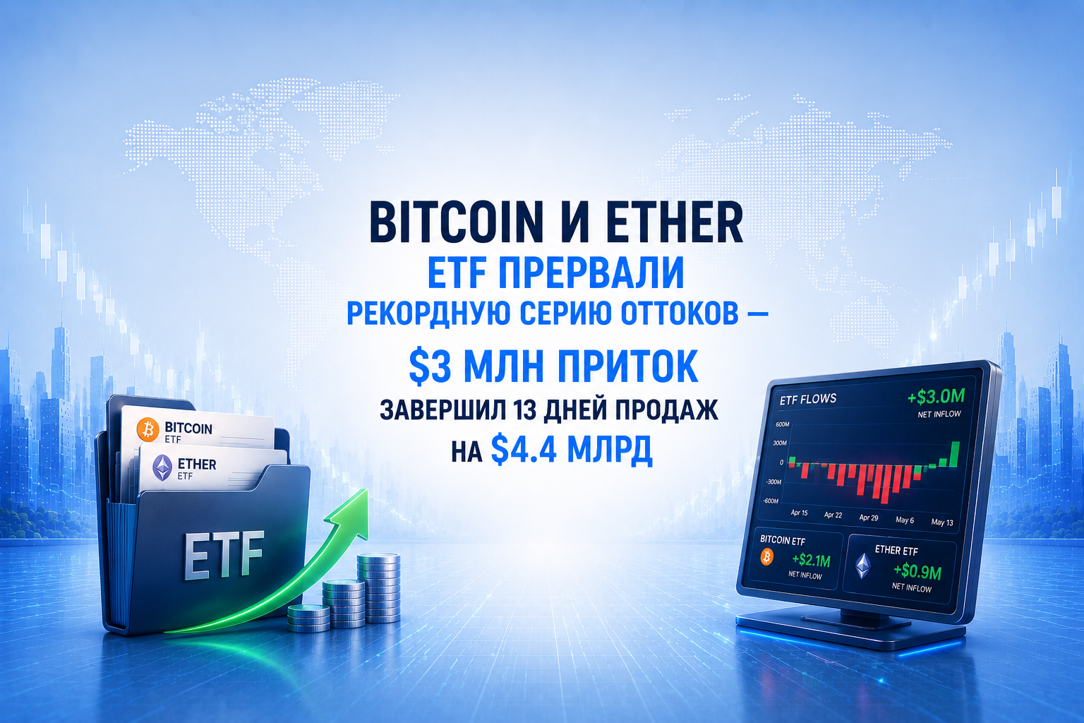 Bitcoin и Ether ETF прервали рекордную серию оттоков — $3 млн приток завершил 13 дней продаж на $4.4 млрд