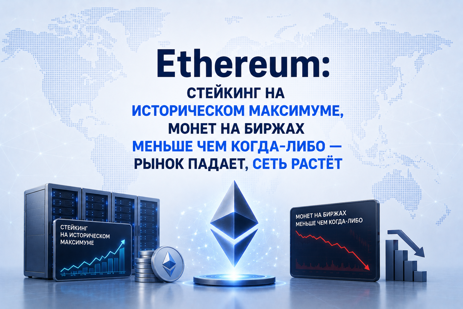 Ethereum: стейкинг на историческом максимуме, монет на биржах меньше чем когда-либо — рынок падает, сеть растёт