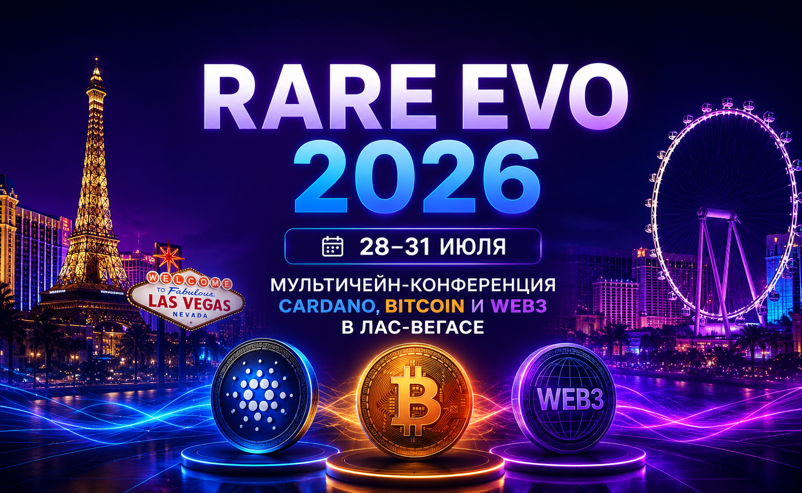Rare Evo 2026 в Лас-Вегасе 28–31 июля: мультичейн-конференция Cardano и Web3 — обложка анонса события Cryptium