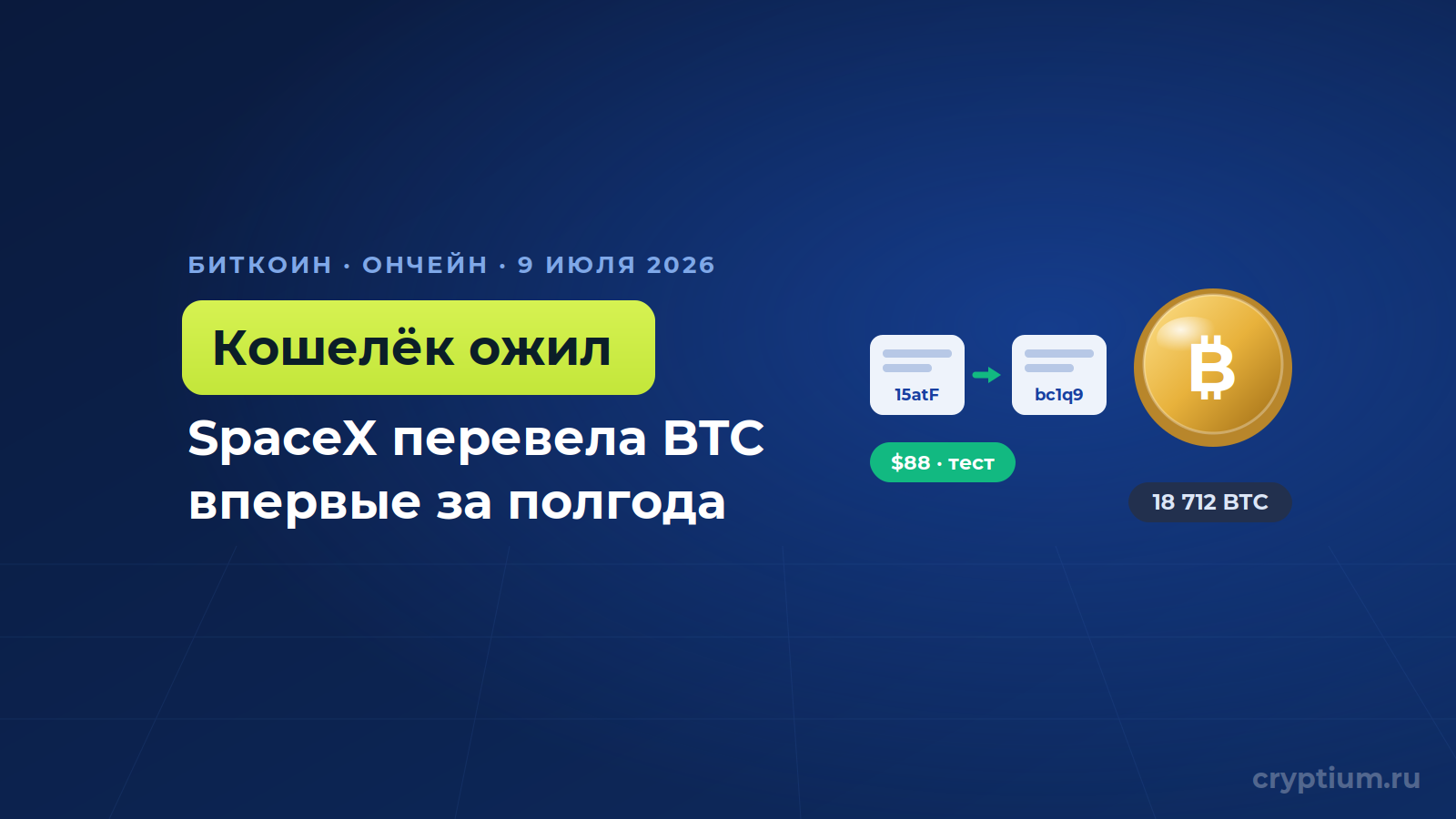Кошелёк SpaceX перевёл биткоин впервые за полгода — на 88 долларов