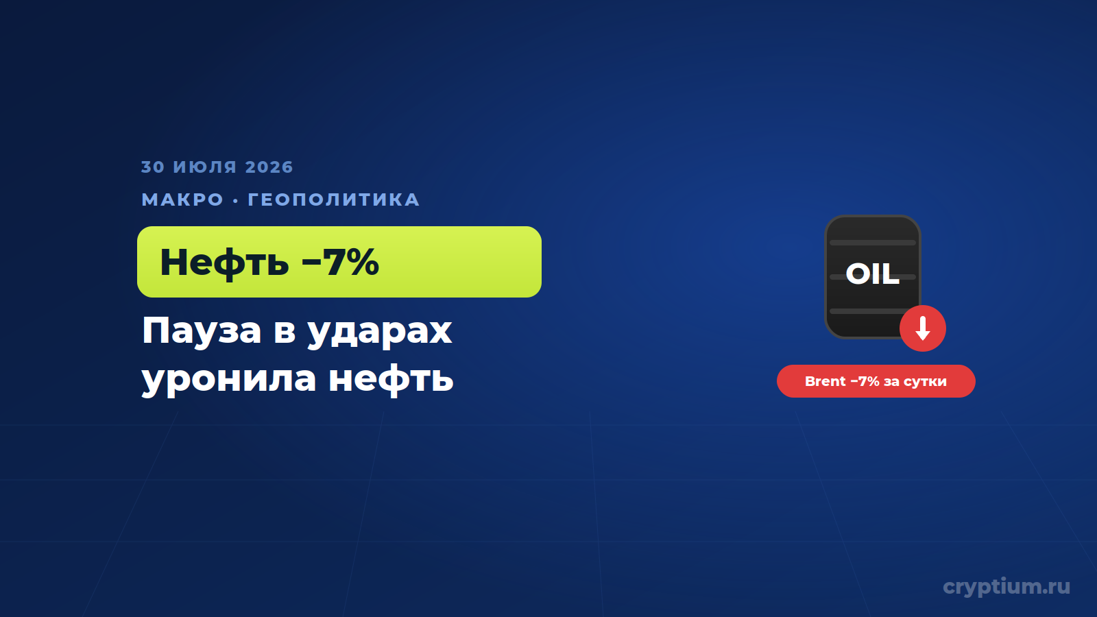 Нефть обрушилась на 7% после паузы в ударах — крипта выиграла от перемирия