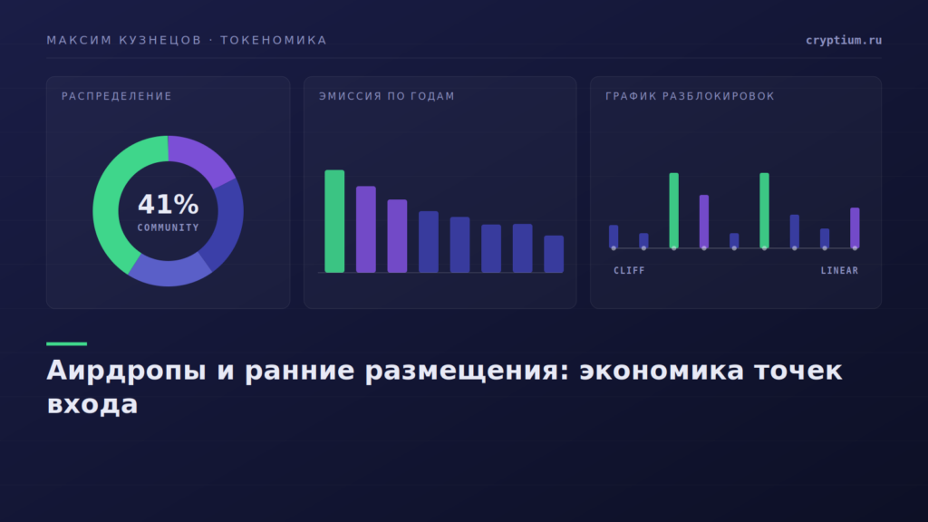 Дашборд с кольцом распределения и таймлайном — обложка статьи об аирдропах и ранних размещениях