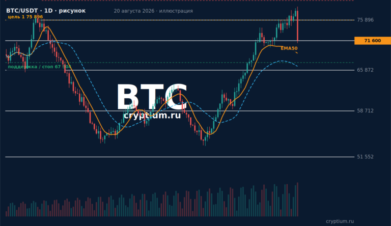График BTC/USDT 4H (иллюстрация cryptium.ru) с уровнями идеи, текущая цена около 71 600
