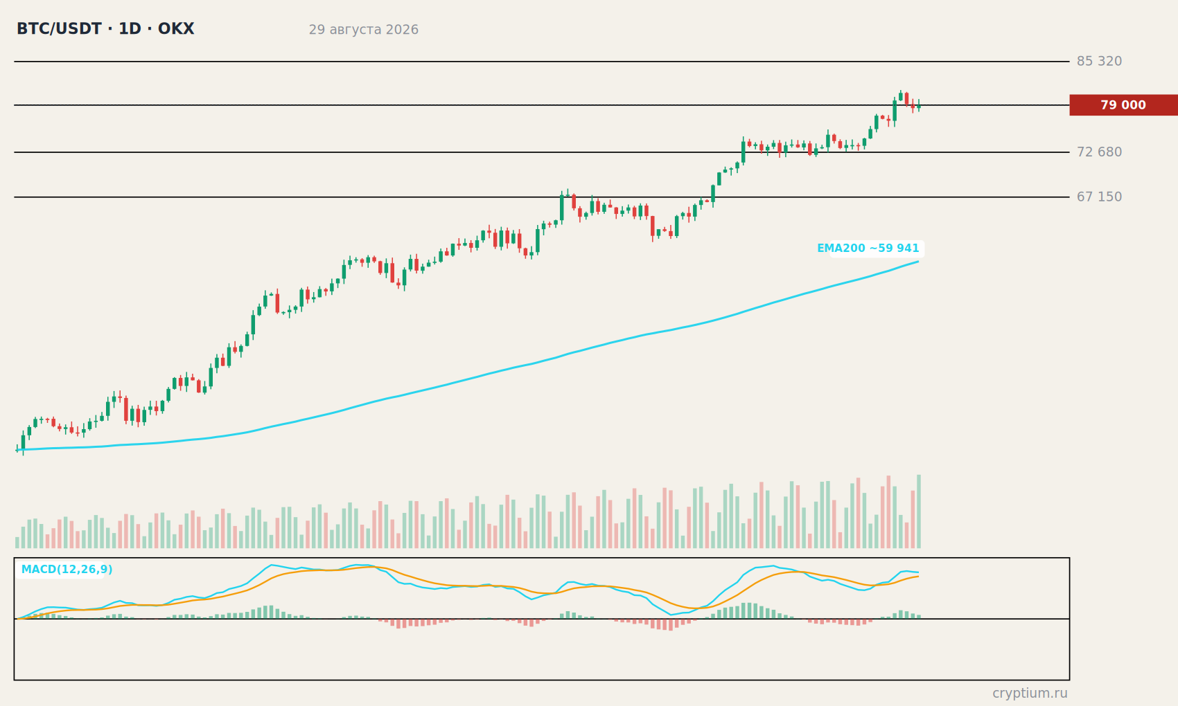 График BTC/USDT 1D с индикаторами и уровнями, цена около 79 000
