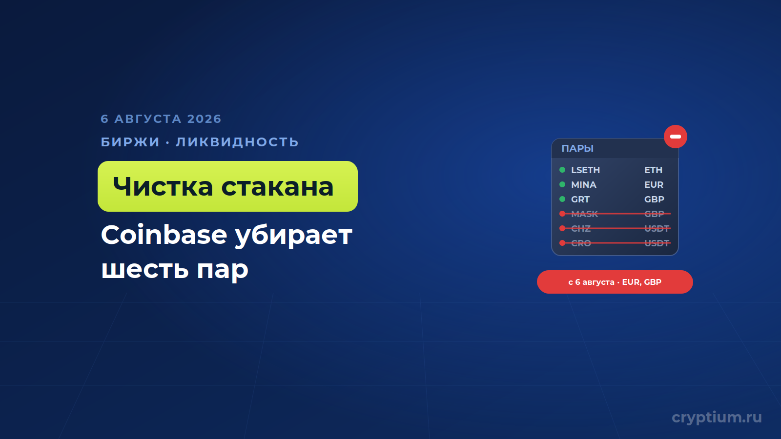 Coinbase снимает с торгов шесть низколиквидных пар в рамках планового пересмотра рынков