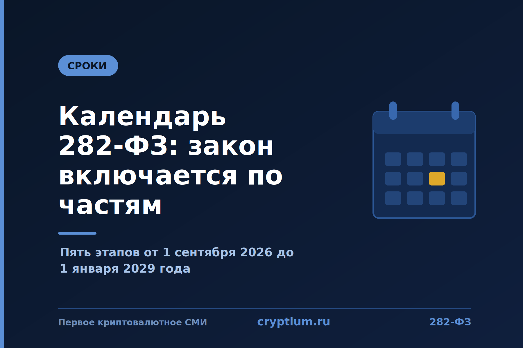 Настенный календарь с выделенной жёлтым датой на тёмно-синем фоне — этапы вступления в силу закона 282-ФЗ