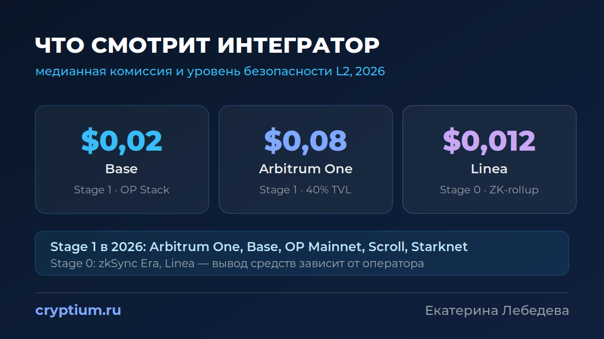Медианные комиссии L2 и уровни безопасности L2BEAT Stage 1 и Stage 0 в 2026 году