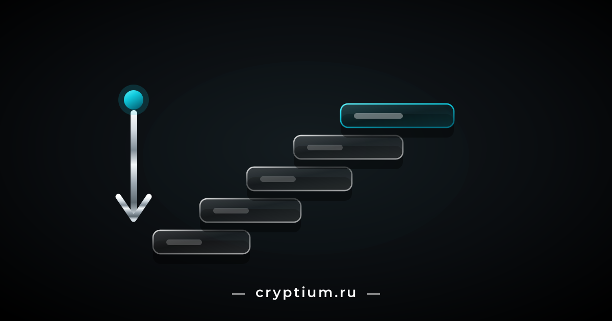 Лестница из стеклянных ступеней с подсвеченной бирюзовой верхней и хромированная стрелка вниз — снижение комиссии за счёт объёма и уровня