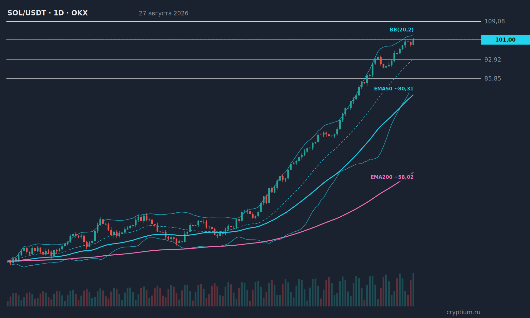График SOL/USDT 1D с индикаторами и уровнями, цена около 101,00