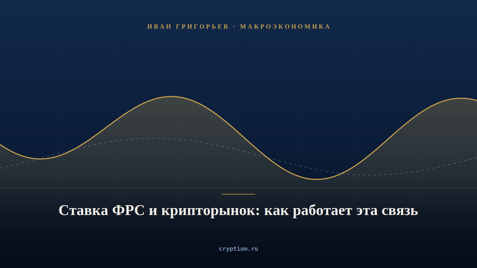 Длинная волна экономического цикла на тёмно-синем фоне с золотой линией — обложка статьи о ставке ФРС и крипторынке