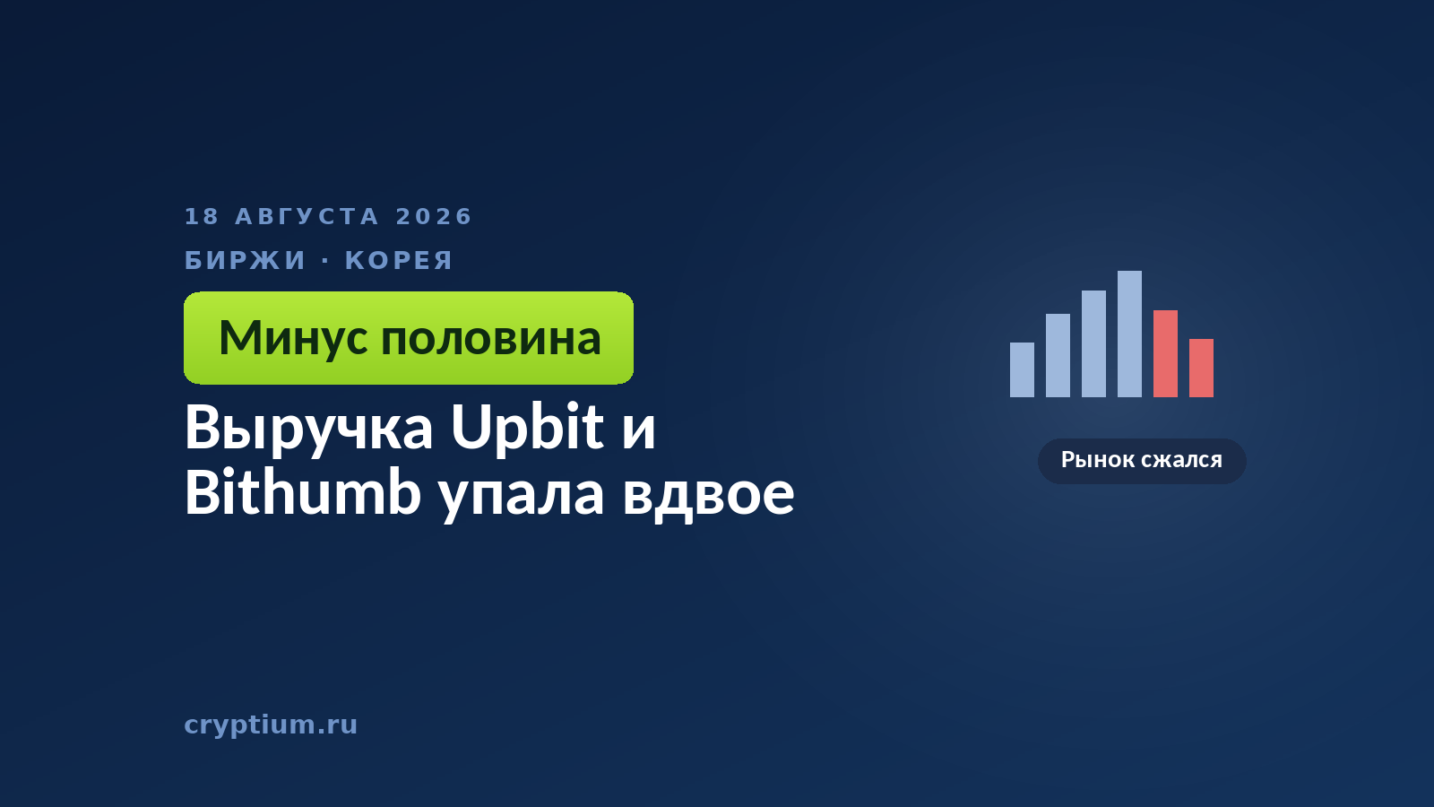 Тёмно-синяя обложка Cryptium со столбиками графика — к материалу о полугодовых отчётах корейских бирж