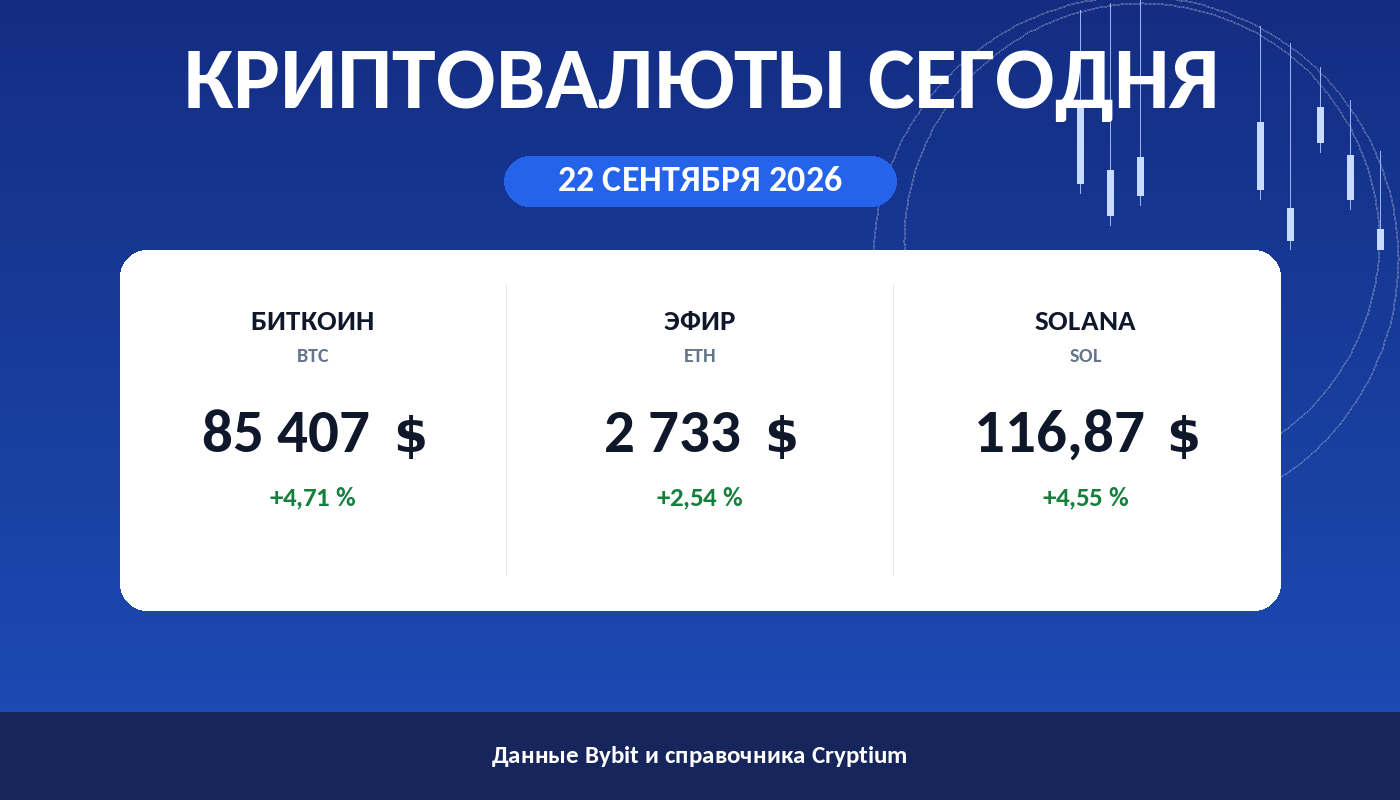 Карточка утреннего обзора: цены биткоина, эфира и Solana на 22 сентября 2026