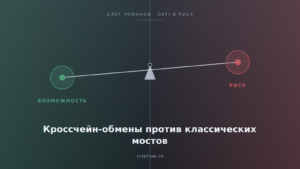 Весы возможности и риска на стальном фоне — обложка статьи о кроссчейн-обменах и мостах