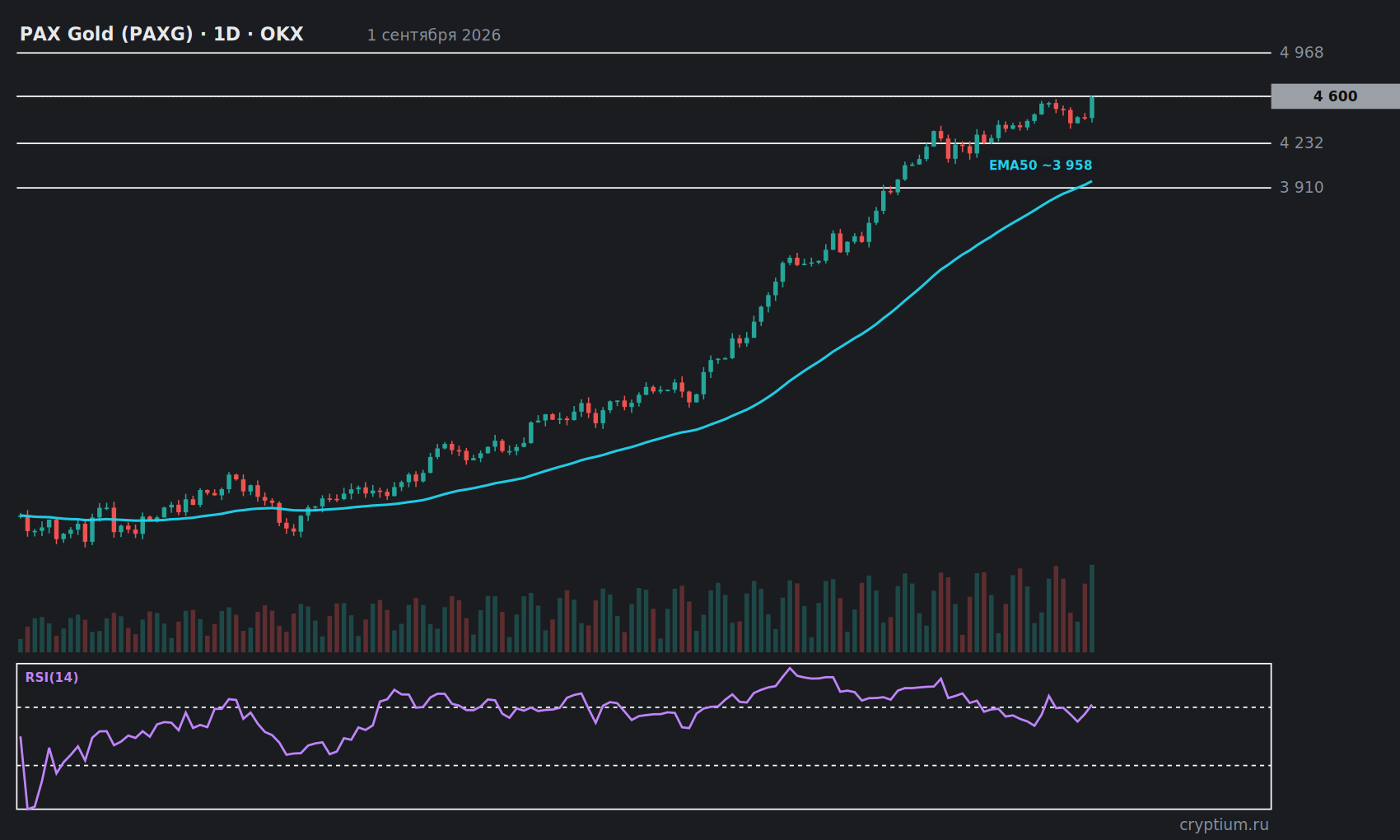 График PAX Gold (PAXG) 1D с индикаторами и уровнями, цена около 4 600
