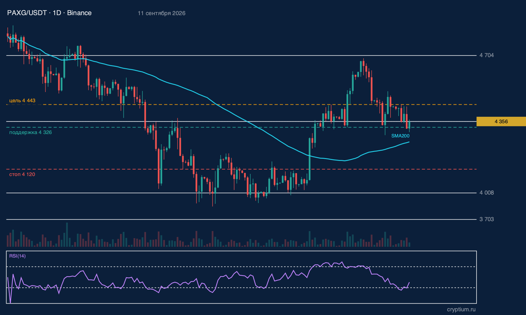 PAX Gold (PAXG) график 1D с индикаторами и структурными уровнями, цена около 4 356