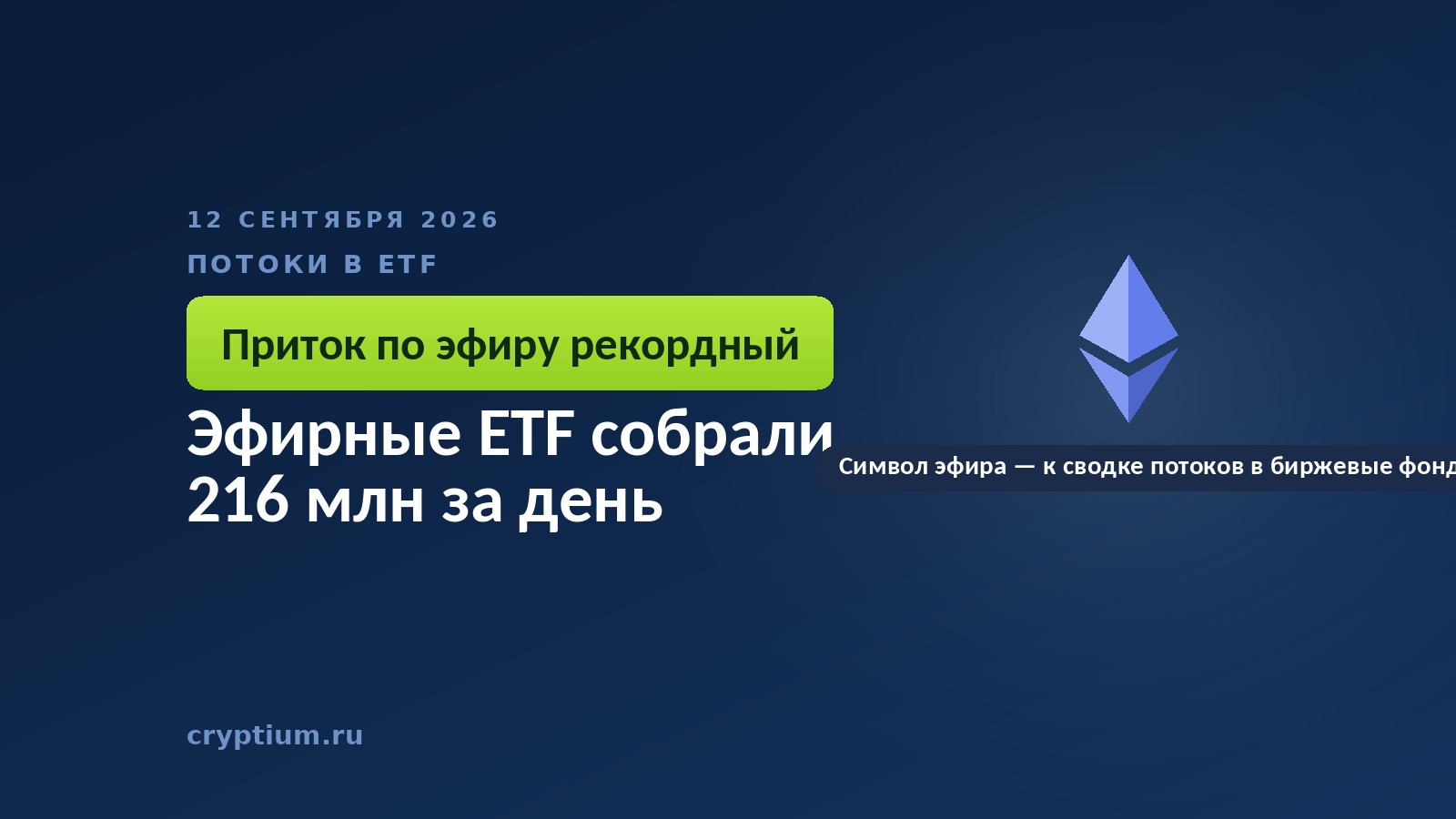 Символ эфира на тёмном фоне — к сводке потоков в спотовые биржевые фонды