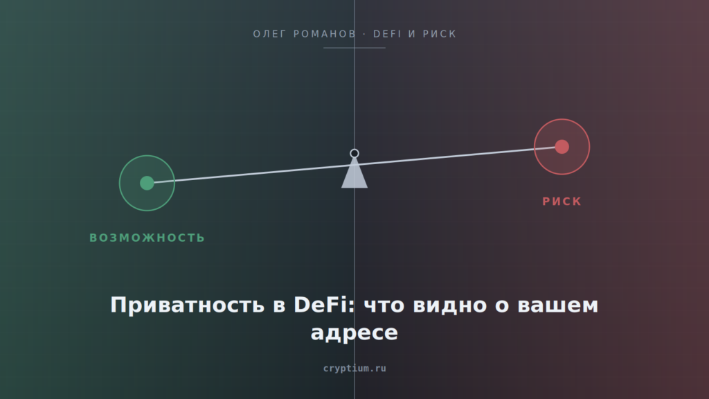 Весы возможности и риска на стальном фоне — обложка статьи о приватности в DeFi