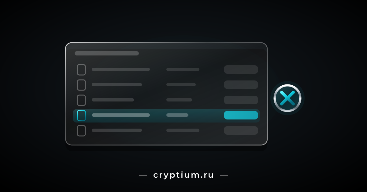 Стеклянный список сессий с подсвеченной чужой строкой и хромированный знак завершения справа