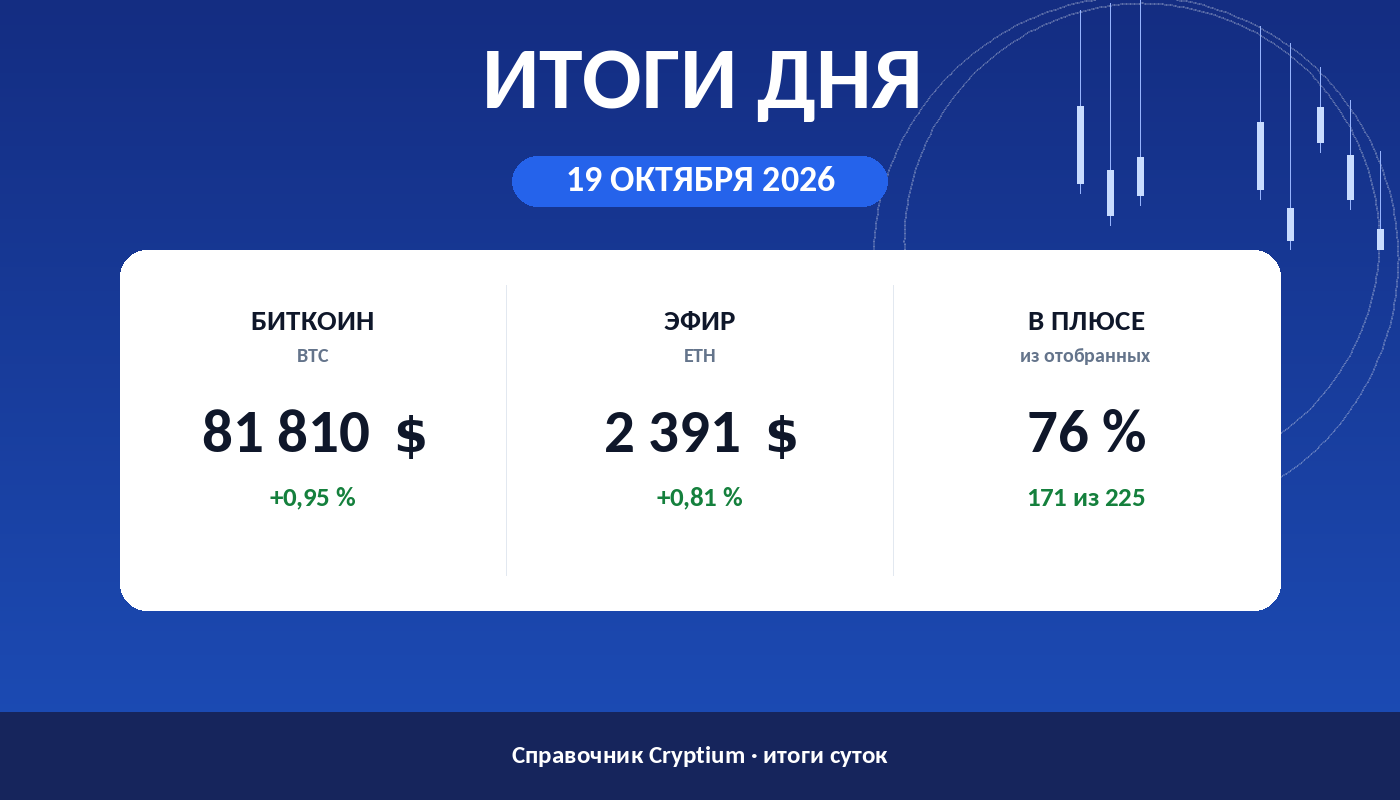 Итоги дня 19 октября 2026: биткоин, эфир и доля растущих монет