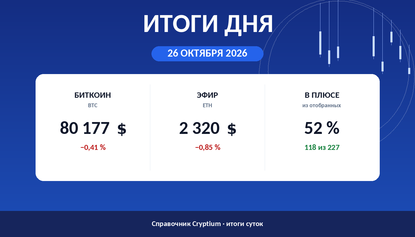 Итоги дня 26 октября 2026: биткоин, эфир и доля растущих монет