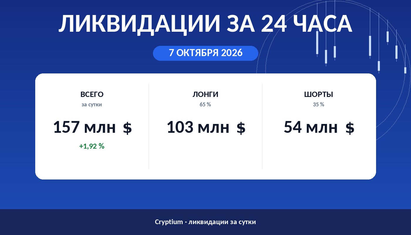 Ликвидации за 24 часа 7 октября 2026: объём, доли лонгов и шортов