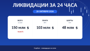 Ликвидации за 24 часа 20 октября 2026: объём, доли лонгов и шортов