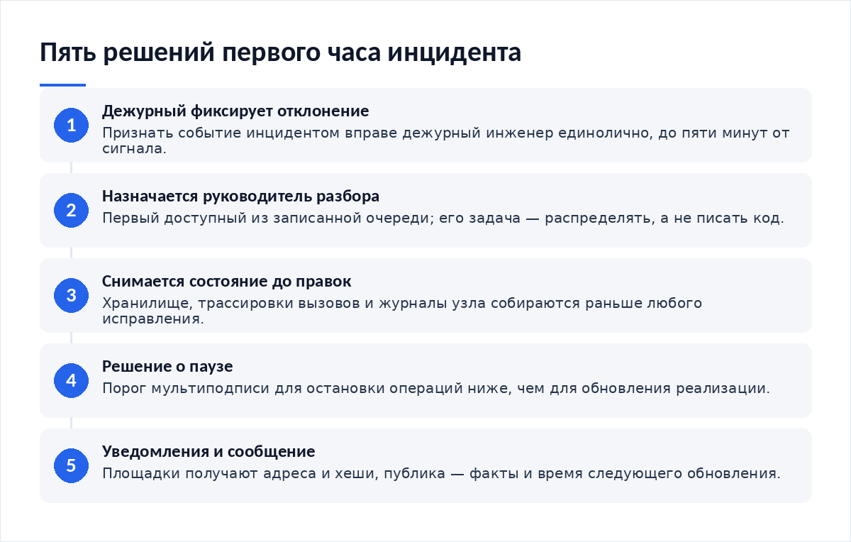 Схема из пяти шагов: дежурный фиксирует отклонение, назначается руководитель разбора, снимается состояние до любых правок, принимается решение о паузе, уходят уведомления и публичное сообщение