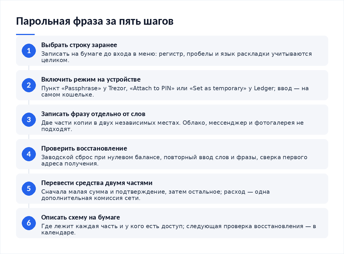 Схема из пяти шагов: выбрать строку фразы, включить режим в меню устройства, записать фразу отдельно от слов, проверить восстановление при нулевом балансе, перевести средства двумя частями