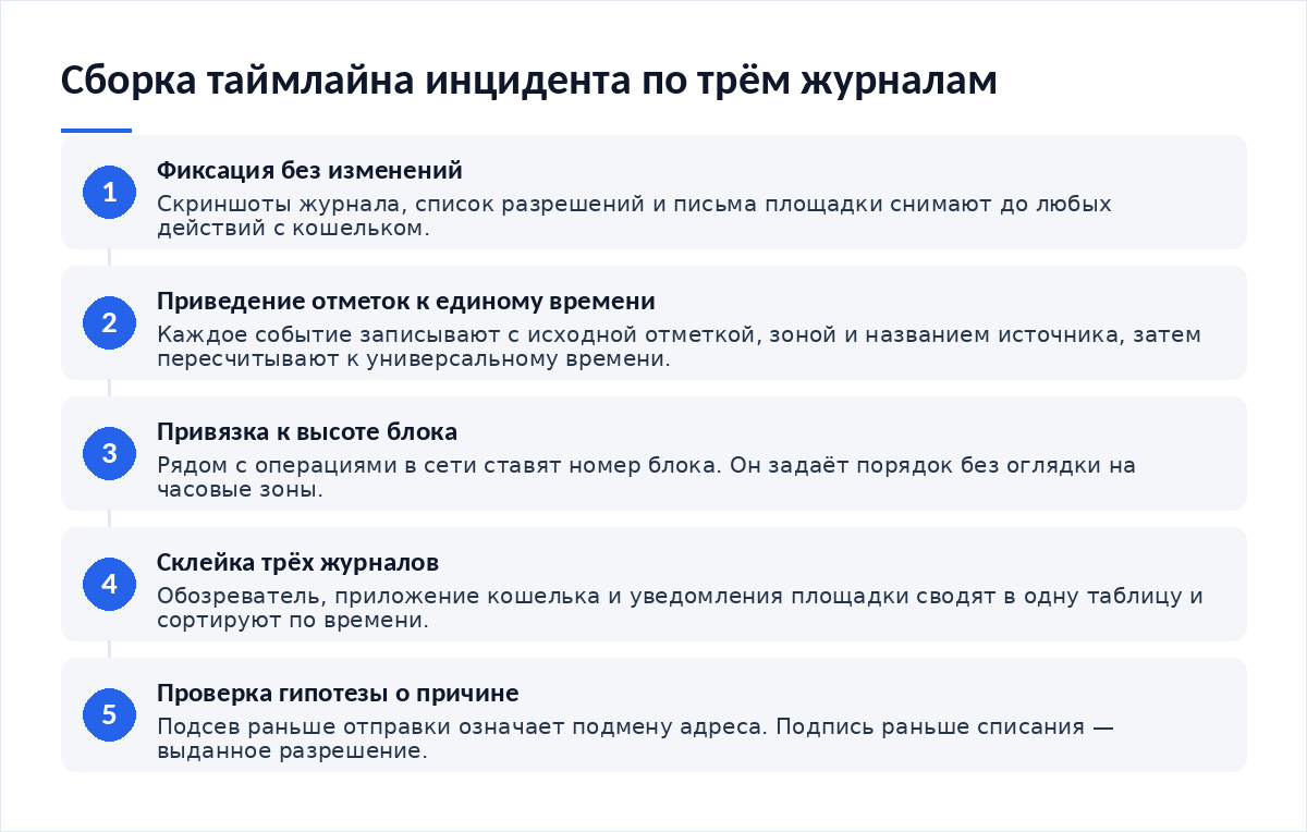 Схема из пяти шагов: фиксация без изменений, приведение отметок к единому времени, привязка событий к высоте блока, склейка трёх журналов, проверка гипотезы о причине