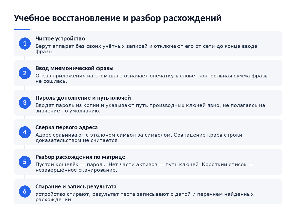 Схема из шести шагов: чистое устройство, ввод мнемонической фразы, пароль-дополнение и путь ключей, сверка первого адреса с эталоном, разбор расхождения по матрице, стирание устройства и запись результата