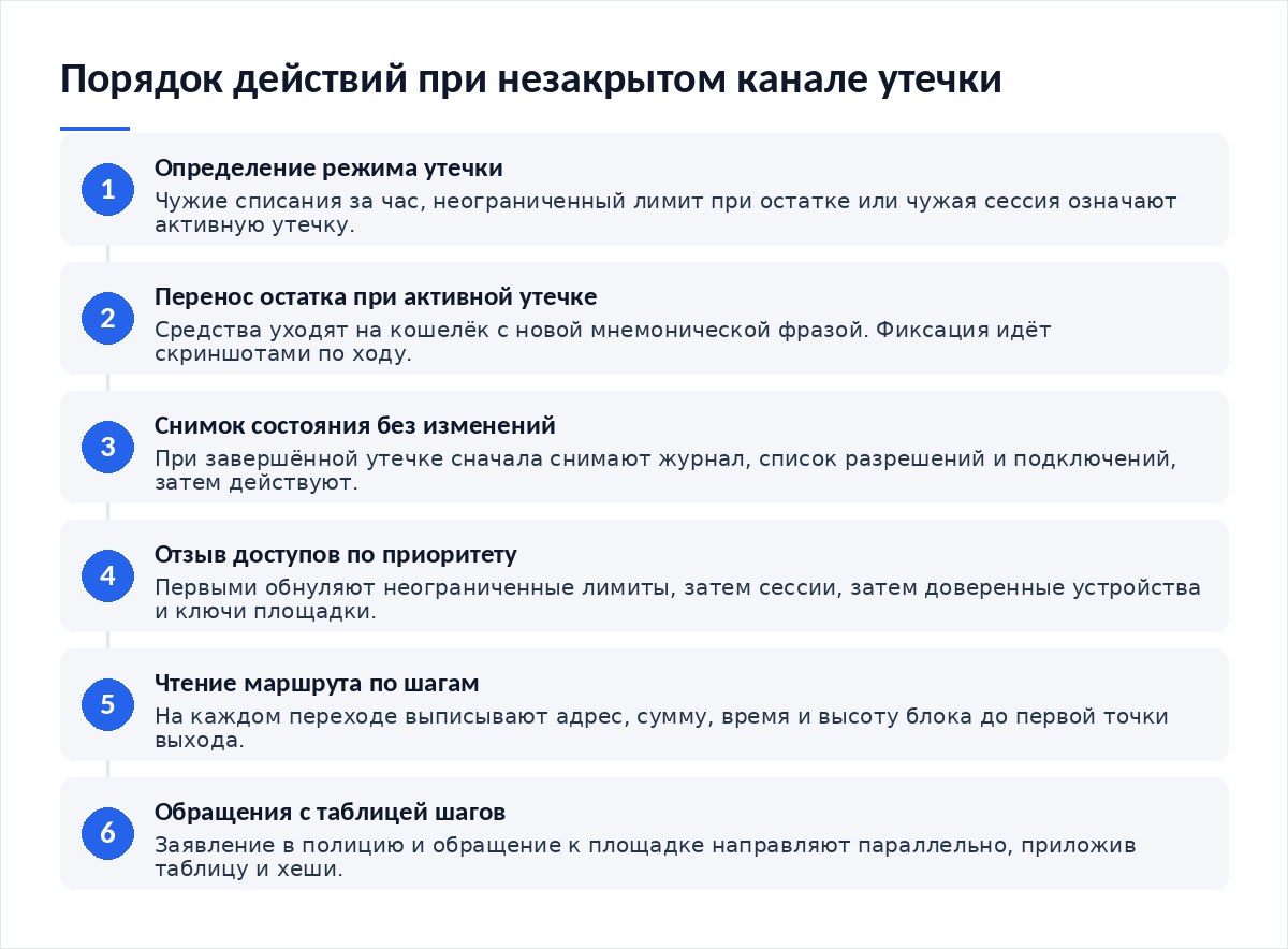 Схема из шести шагов: определение режима утечки, перенос остатка при активной утечке, снимок состояния без изменений, отзыв доступов по приоритету, чтение маршрута по шагам, обращения с таблицей шагов