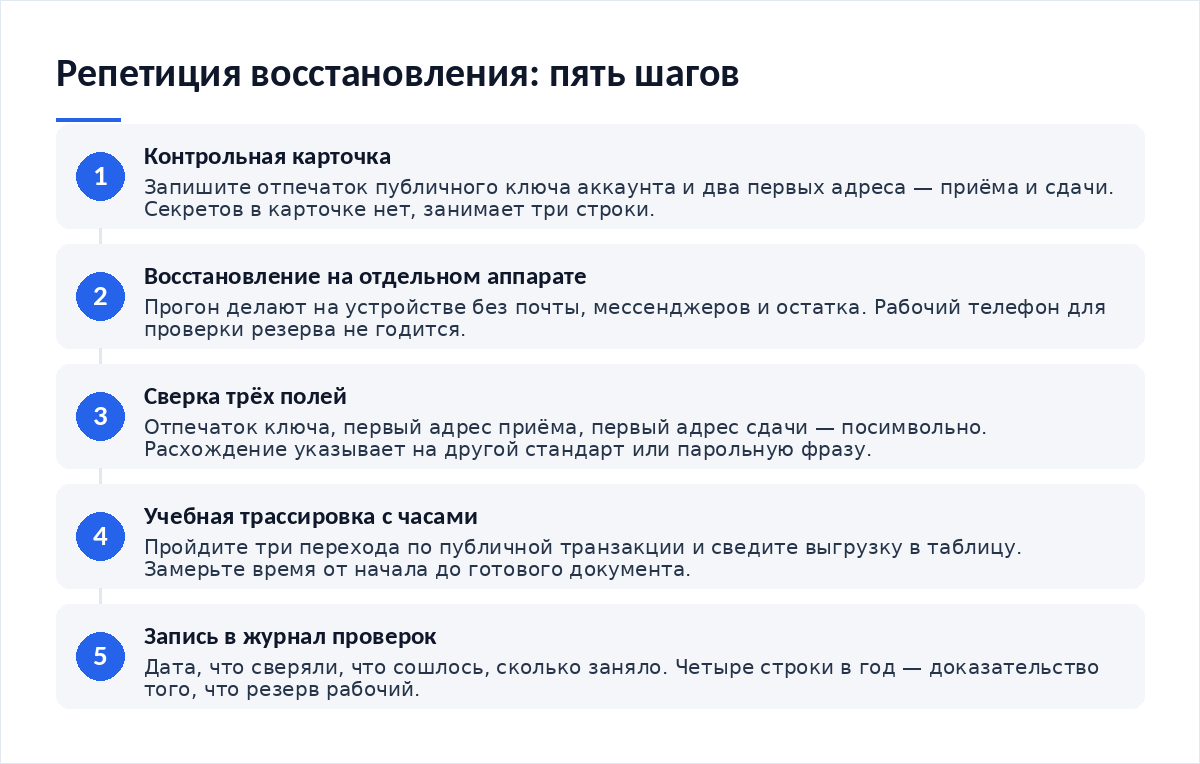 Схема из пяти шагов: контрольная карточка восстановления, восстановление на отдельном устройстве, сверка трёх полей, учебная трассировка с часами, запись в журнал проверок